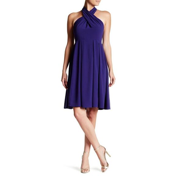 HALSTON HERITAGE halter fit & flare cocktail dress in Astral blue Size 8 NEW - Picture 7 of 7